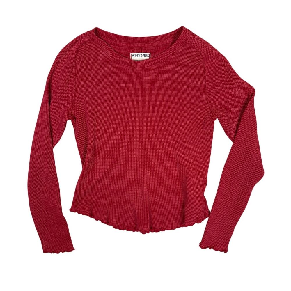 Free People Waffle Long Sleeve Casual Lettuce Hem T Shirt Red Large